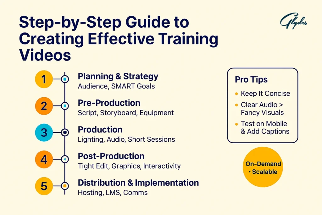 Infographic: step-by-step guide to creating effective training videos—planning & strategy, pre-production, production, post-production, distribution; pro tips; on-demand, scalable.