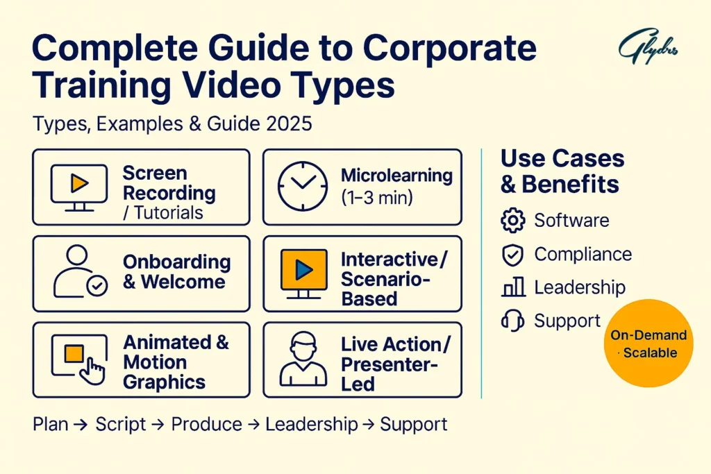 Infographic: Corporate Training Videos types—screen recording, microlearning (1–3 min), onboarding, interactive/scenario-based, animation, live action; use cases: software, compliance, leadership, support.