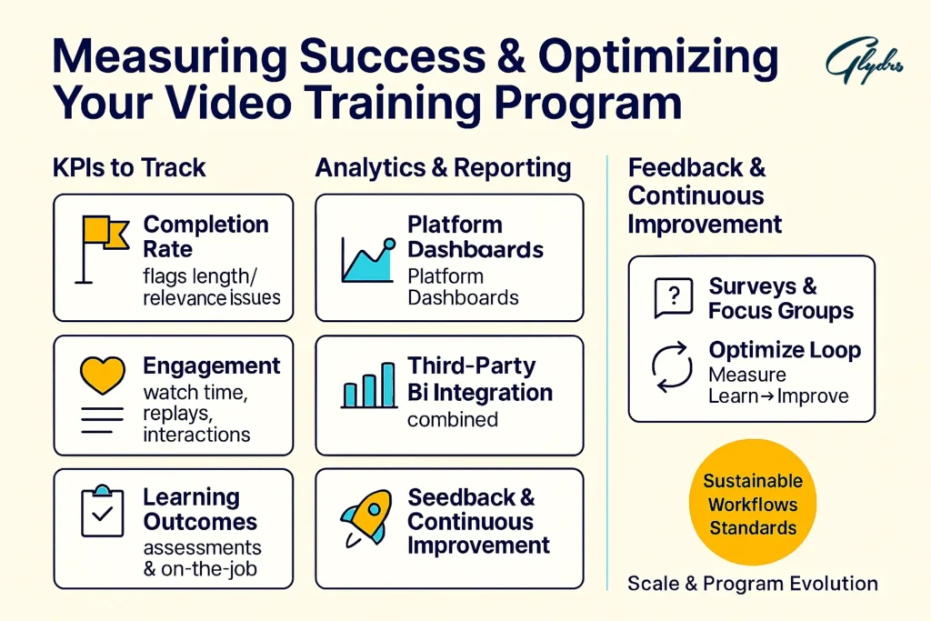 Infographic on Corporate Training Videos: measuring success and optimization—KPIs (completion rate, engagement, learning outcomes), analytics & reporting (platform dashboards, third-party BI.