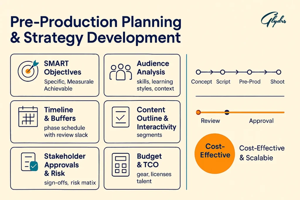 Infographic for employee training video production—pre-production: SMART objectives, audience analysis, buffers, content outline, approvals, budget.