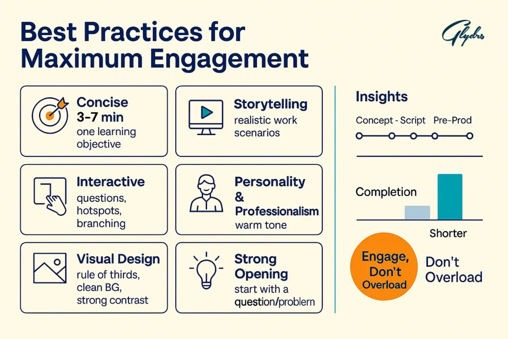 Infographic: best practices for employee training video production—3–7-minute videos, storytelling, interactivity, clean visual design, professional tone, strong openings; insights show higher completion for shorter videos.