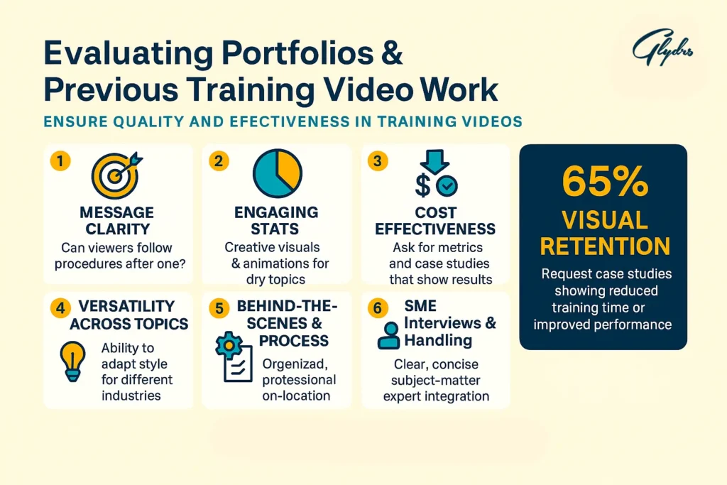 Infographic about video production for training programs — benefits, retention stats (65% visual), vendor checklist and quality considerations.
