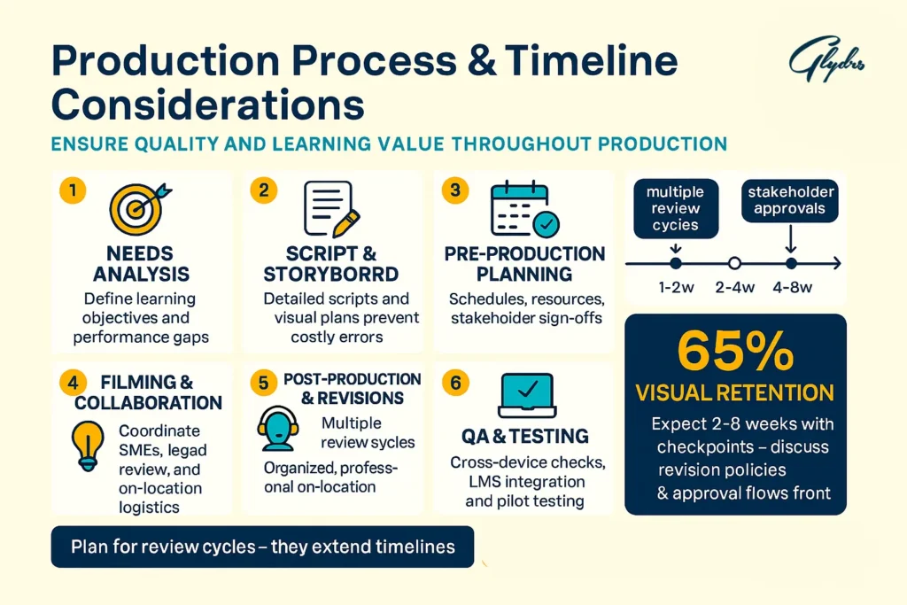 Infographic of video production for training programs: needs analysis, scripting, pre-production, filming, post-production, QA; 2–8 week timeline.