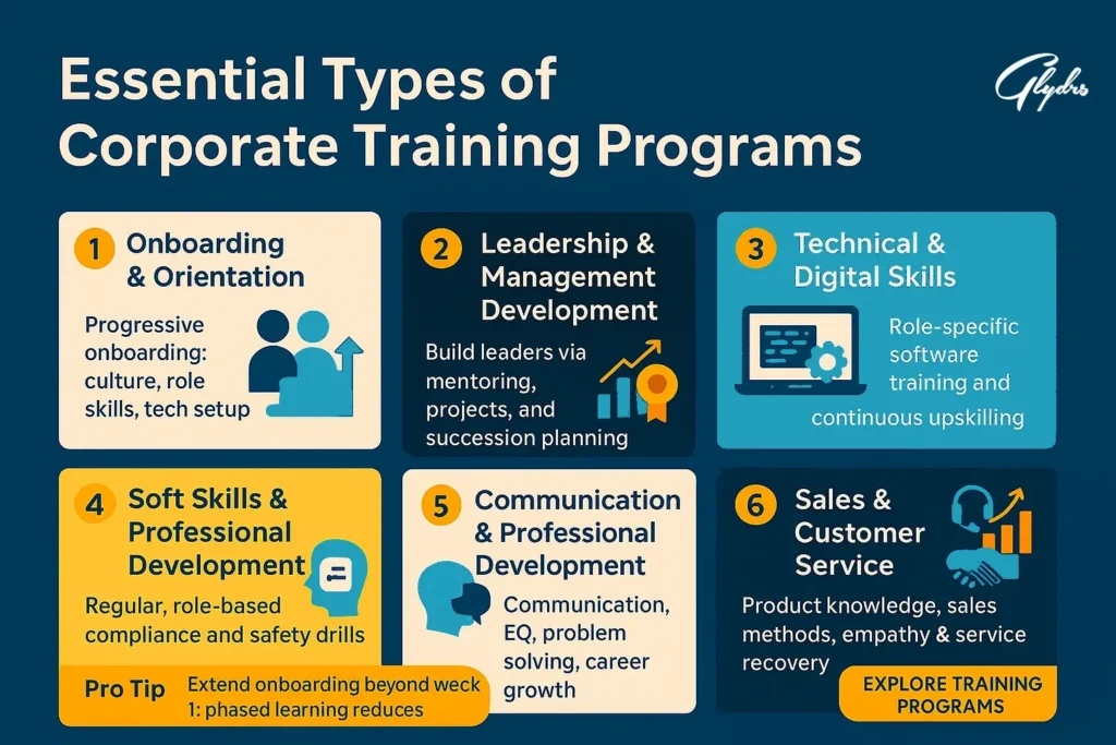  Infographic: Essential types of Corporate Training programs (onboarding, leadership, technical, compliance, soft skills, sales).
