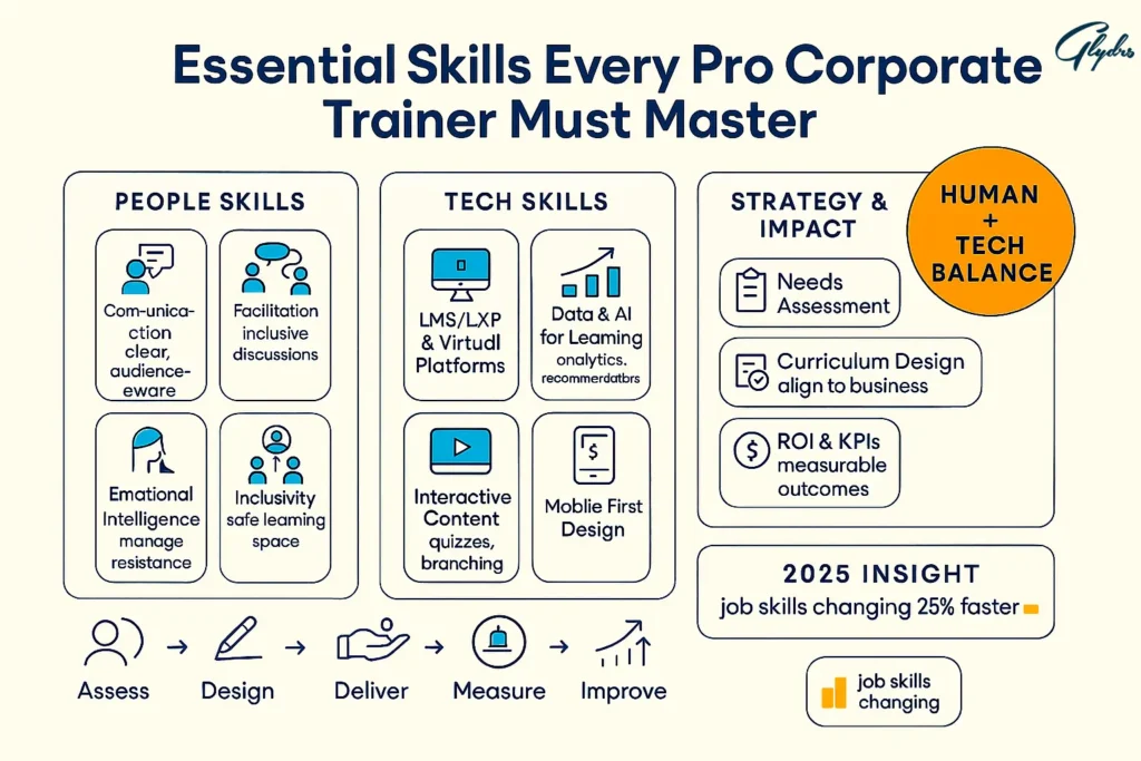 Alt Text:Infographic: essential skills every pro corporate trainer must master—people skills (communication, facilitation, EI, inclusivity), tech skills (LMS/LXP, data & AI,