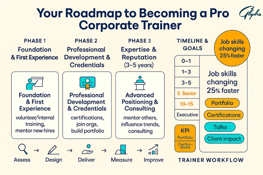 Infographic: Your Roadmap to Becoming a Pro Corporate Trainer—four phases (foundation, professional development & credentials, expertise, advanced consulting), timeline & KPIs, workflow Assess→Design→Deliver→Measure→Improve.