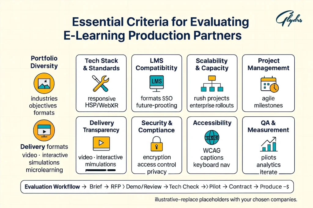 Infographic: Essential criteria to evaluate e-learning production companies—portfolio diversity, tech stack (H5P/WebXR), LMS compatibility, scalability, agile PM, delivery transparency, security, accessibility (WCAG), QA; with a Brief→RFP→Demo→Tech Check→Pilot→Contract→Produce workflow.