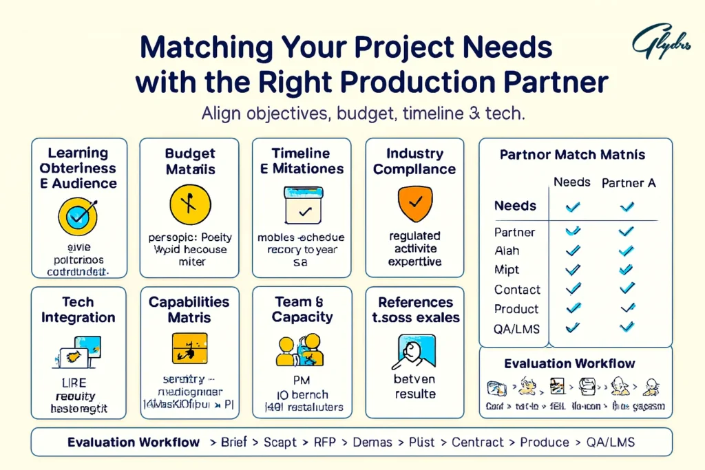 Infographic on choosing e-learning production companies: align objectives/audience, budget models, timeline, industry compliance, tech/LMS fit, capacity, references, partner match matrix, and brief→RFP→pilot→contract→produce→QA/LMS workflow.