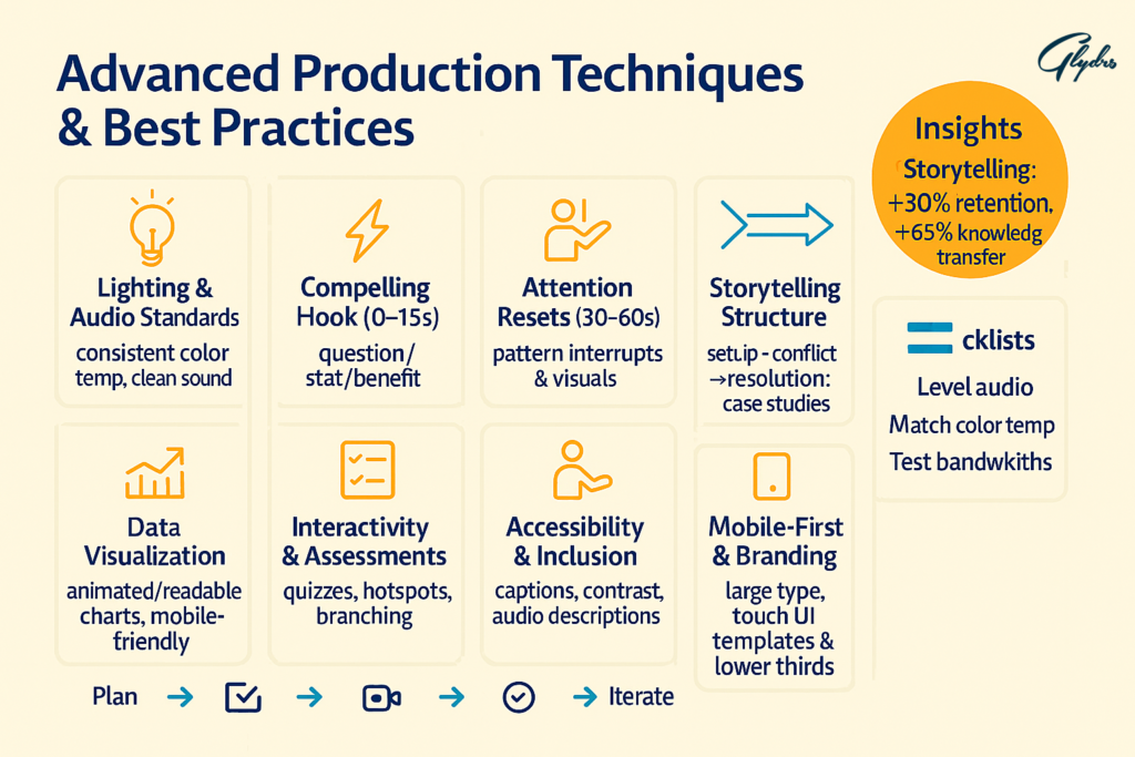 Infographic: advanced educational video production—lighting/audio standards, compelling hooks, attention resets, storytelling, data visualization, interactivity, accessibility, and mobile-first branding; note: storytelling +30% retention, +65% knowledge transfer.