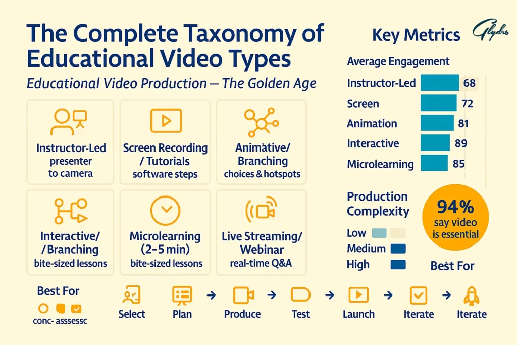 Infographic: educational video production taxonomy—types include instructor-led, screen recording, animation, interactive, microlearning (2–5 min) and webinars; plus engagement metrics and workflow.