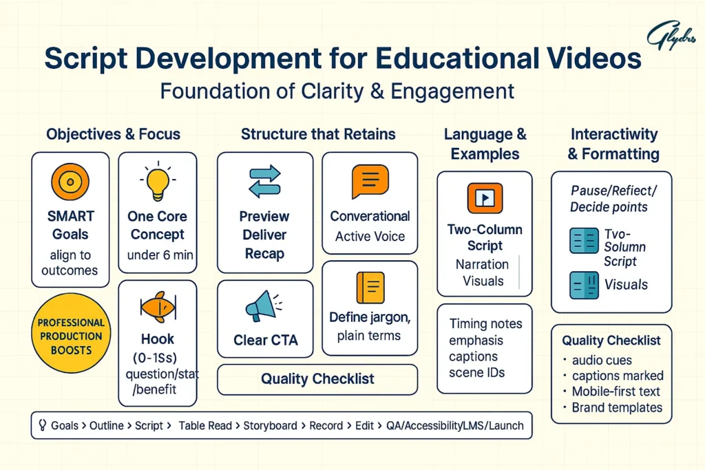 Infographic on online course video production—script development: SMART goals, one core concept (<6 min), hook, preview-deliver-recap, conversational voice, two-column script, pause/reflect points, CTA, quality checklist, and full workflow.