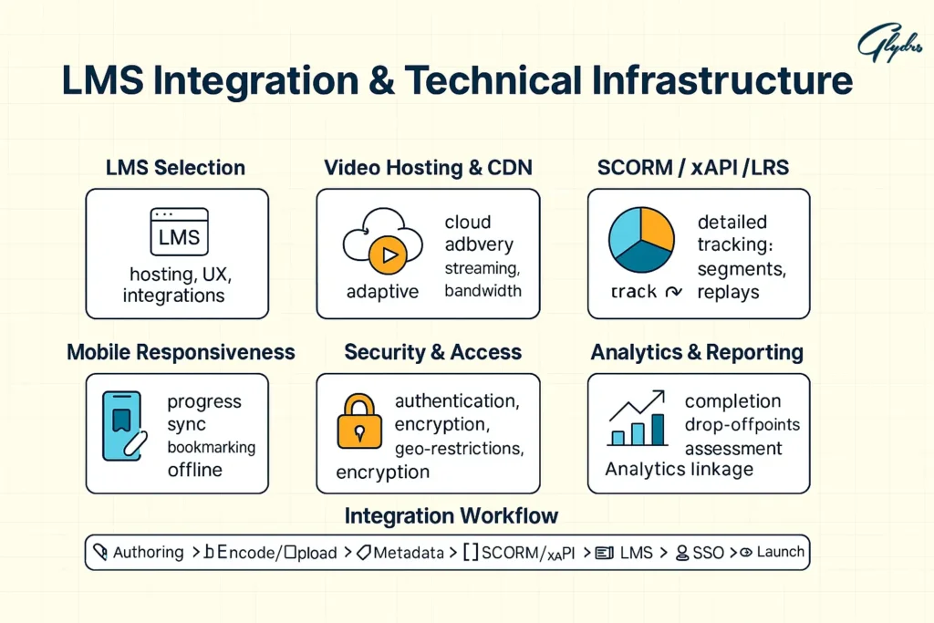Infographic: LMS Integration & Technical Infrastructure for online course video production—LMS selection, cloud/CDN hosting, SCORM/xAPI/LRS tracking, mobile sync, security & access, analytics, and an integration workflow.