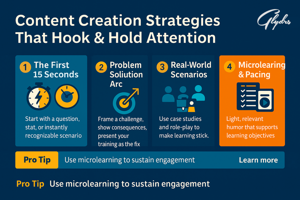 Infographic about creating engaging training video content: first 15s, problem→solution, scenarios, humor, microlearning.