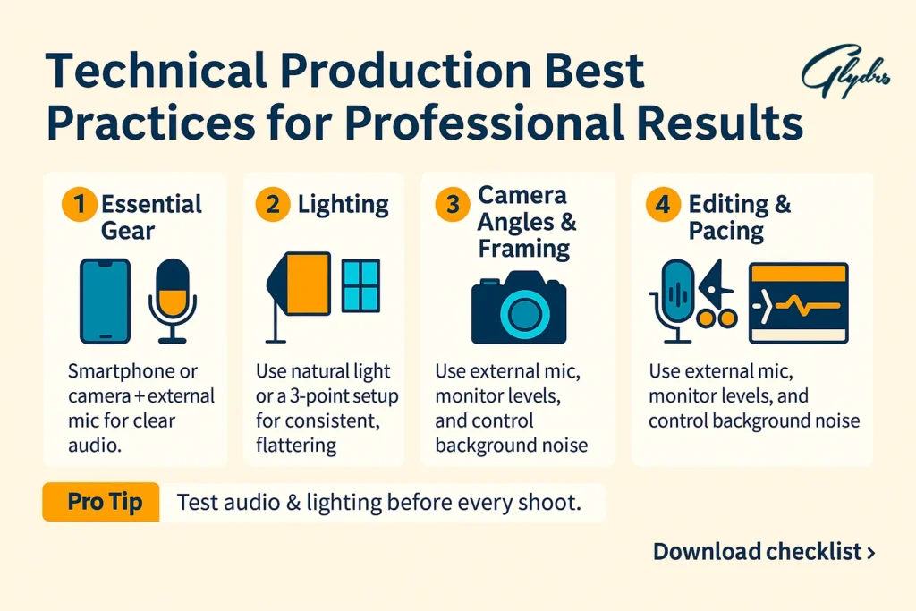 Infographic showing technical production best practices for a training video: gear, lighting, framing, audio, and editing.