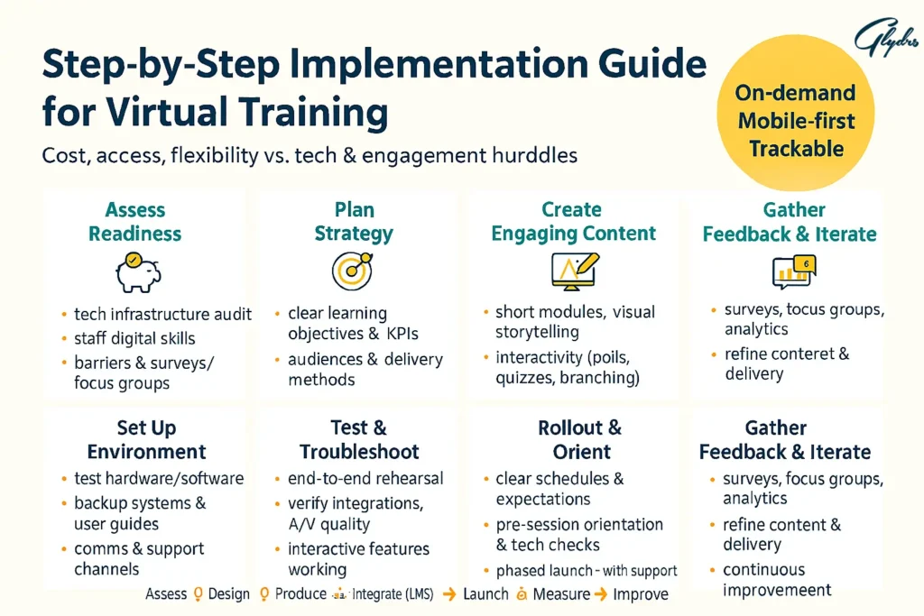 Infographic: Step-by-Step Implementation Guide for Virtual Training—assess readiness, plan strategy, create content, set up, test, roll out, and iterate; on-demand, mobile-first, trackable.