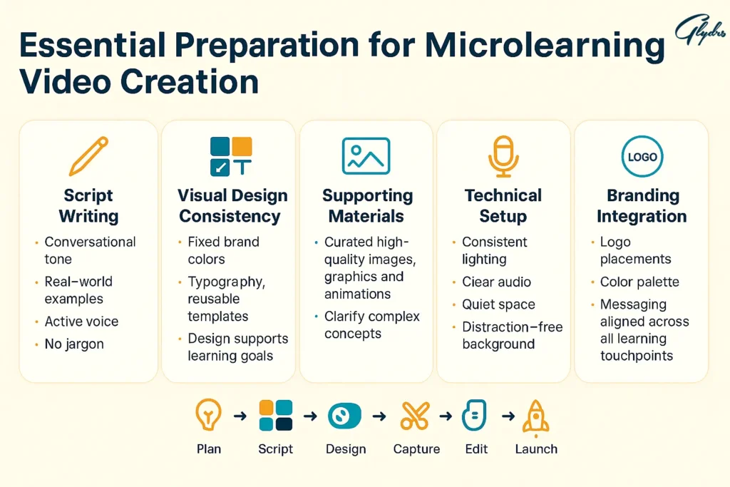Infographic titled “Essential Preparation for Microlearning Video Creation” showing five columns: Script Writing, Visual Design Consistency, Supporting Materials, Technical Setup, Branding Integration, plus a Plan → Script → Design → Capture → Edit → Launch workflow.