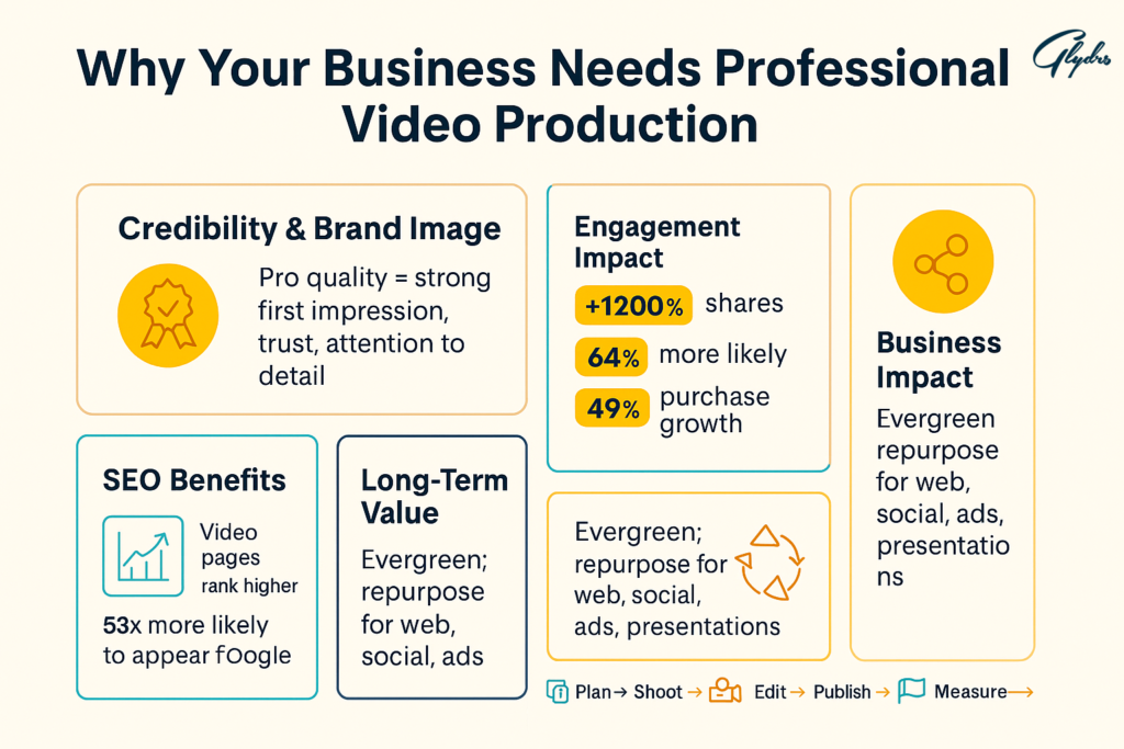Infographic titled “Why Your Business Needs Professional Video Production,” showing benefits of Video Production Services: +1200% shares, 64% purchase lift, 49% growth, and 53× higher Google ranking.