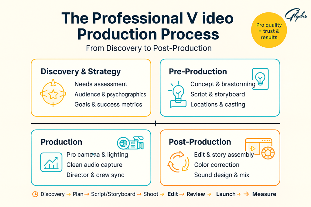 Video Production Services infographic showing the 4-step process—Discovery & Strategy, Pre-Production, Production, and Post-Production—on a cream background with icons.