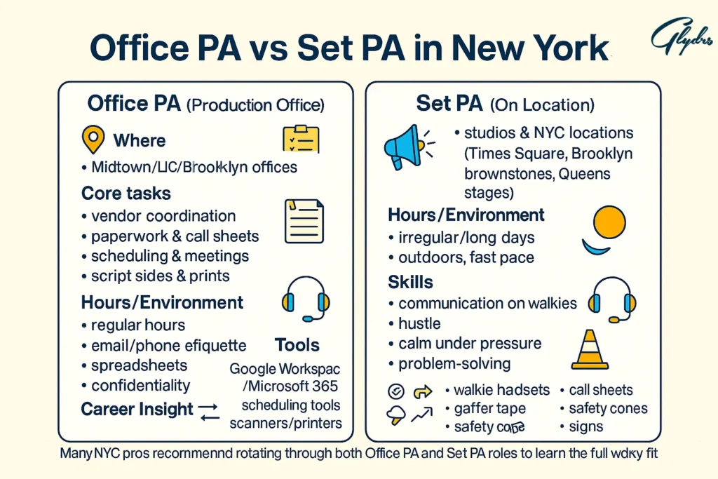 Office PA vs Set PA in New York – infographic comparing tasks, hours, tools, skills, and career insights for Production Assistant New York roles.