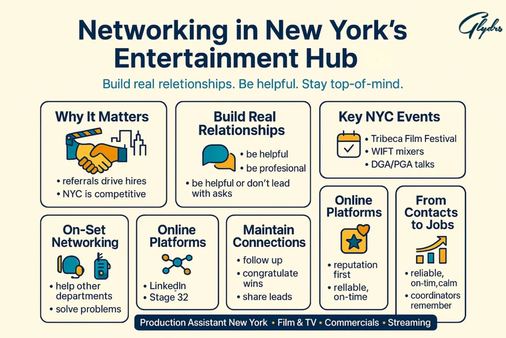 Infographic on networking in New York’s entertainment hub for a Production Assistant New York: why it matters, real relationships, key NYC events, on-set & online tips.
