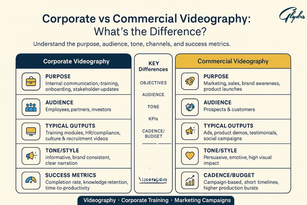 Infographic comparing corporate vs commercial videography: purpose, audience, typical outputs, tone/style, success metrics, and cadence/budget on a cream background.