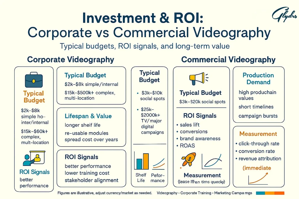 Investment & ROI infographic comparing corporate vs commercial videography: typical budgets, ROI signals, shelf life, production demand, and measurement metrics.