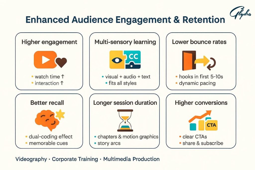 Infographic on multimedia production benefits: higher engagement, multi-sensory learning, lower bounce, better recall, longer sessions, and higher conversions.