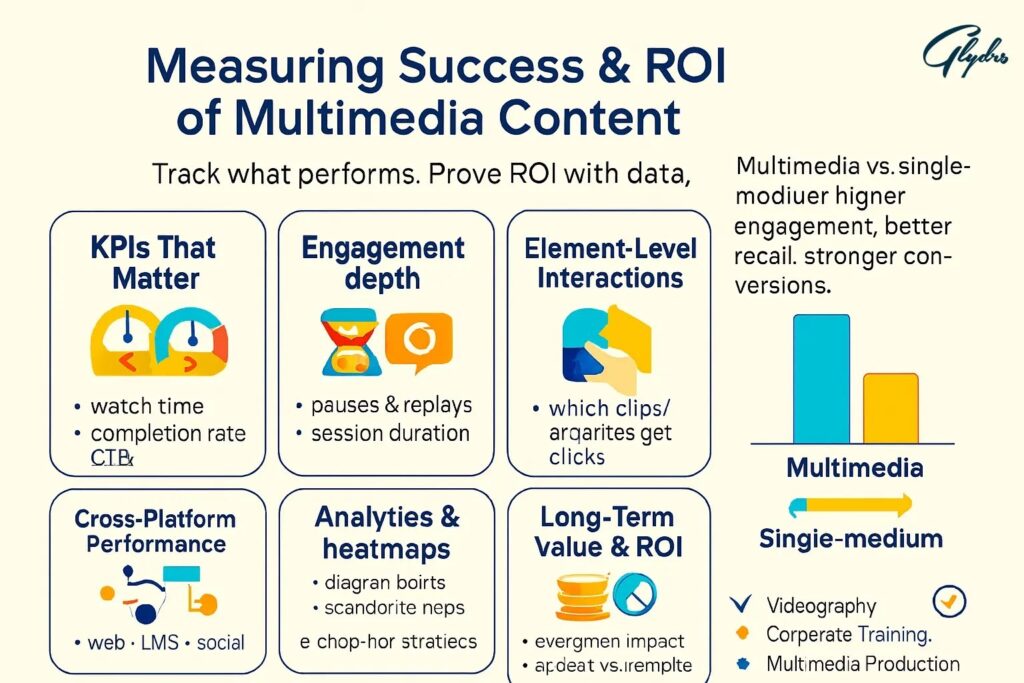 Infographic measuring multimedia production ROI: KPIs, engagement depth, element interactions, cross-platform performance, heatmaps, and long-term value.