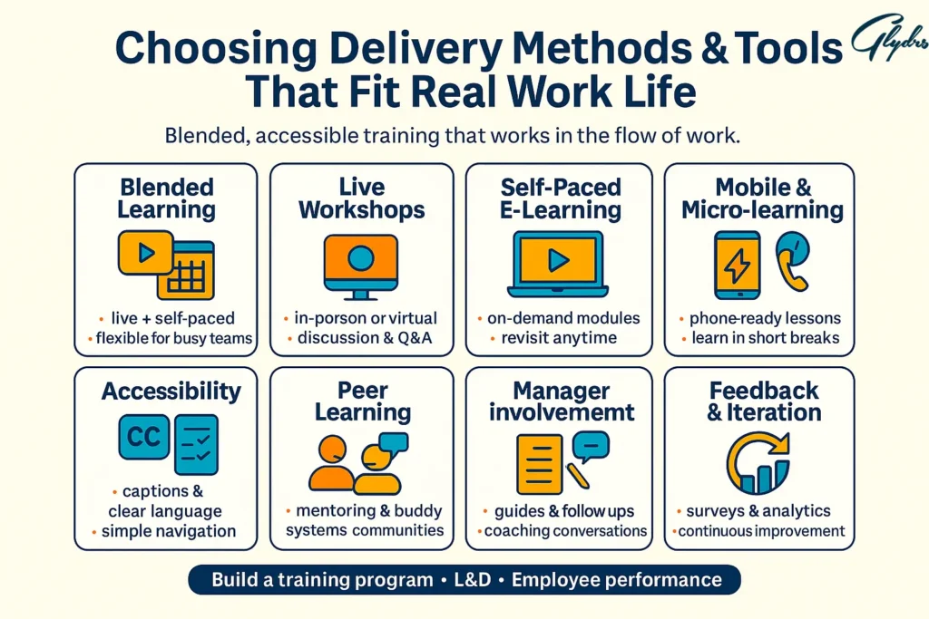 Infographic showing how to build a training program that fits real work: blended learning, live workshops, self-paced e-learning, mobile, accessibility, peer learning, manager involvement, and feedback.