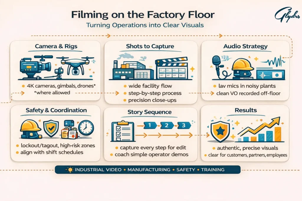 Infographic on industrial video production on the factory floor: 4K cameras, gimbals/drones, key shots, audio strategy, safety, story sequence, results.