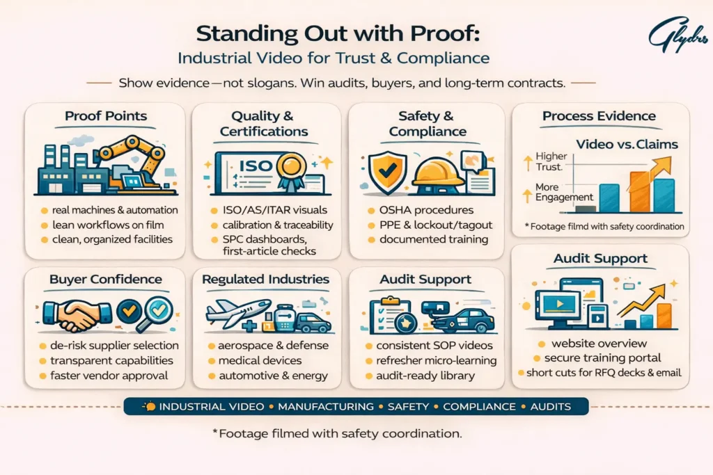 Infographic on industrial video production for trust & compliance: proof points, ISO/AS/ITAR, OSHA safety, process evidence, buyer confidence, audits.