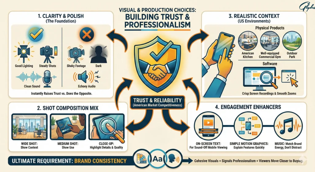 Infographic on product video production: clarity & polish (lighting, steady shots, clean audio), shot mix (wide/medium/close-up), real U.S. contexts, on-screen text, motion graphics, music, and brand consistency to build trust.