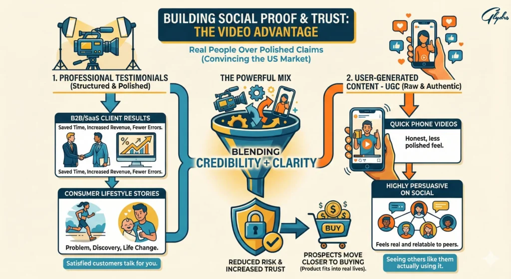 Infographic on product video production: how testimonials and UGC build social proof—B2B results, consumer stories, and a funnel that drives trust and purchases.