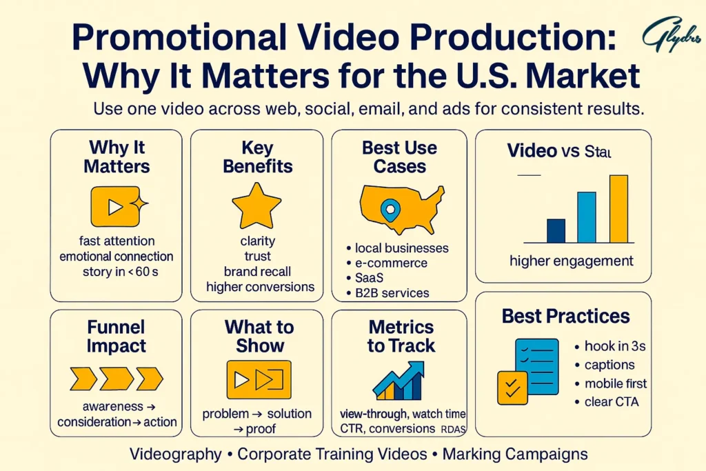 Infographic: Promo Videos for Internal Comms & Employer Branding—how promotional video production supports launches, strategy updates, program adoption, culture, careers, and social clips, with 9:16/1:1/16:9 formats and best practices.