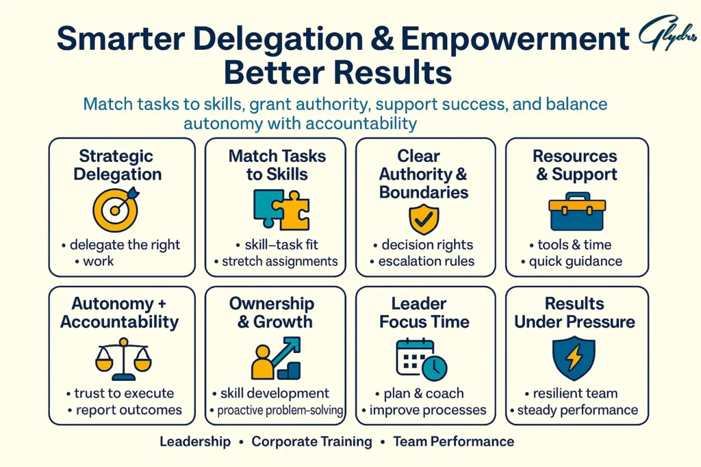 Infographic showing how team leader training boosts performance: smart delegation, skill-task match, clear authority, resources, accountability, results under pressure.