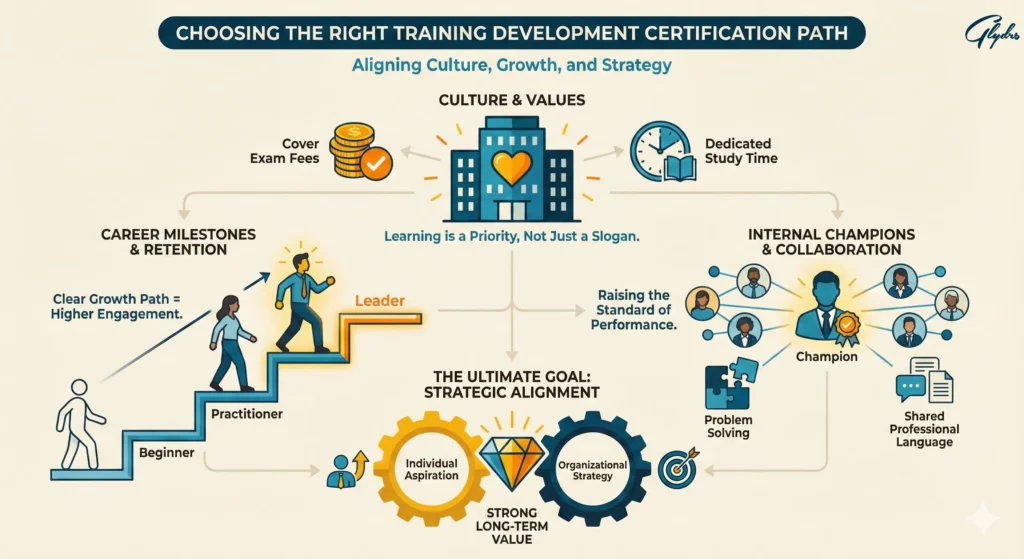 Infographic on choosing the right training development certification: culture support, exam fees/time, career milestones, champions, and strategic alignment.