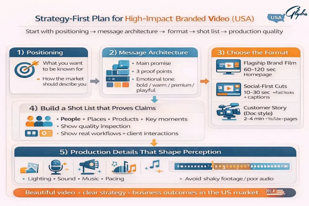  Strategy-first plan for high-impact branded video production in the USA—positioning, message architecture, format, shot list, and production quality.