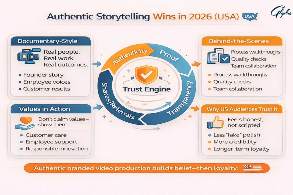  Infographic showing how authentic branded video production builds trust in 2026 through documentary-style stories, behind-the-scenes proof, transparency, and values in action.