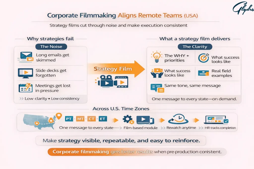 Corporate filmmaking infographic showing how strategy films align remote U.S. teams by replacing emails, slide decks, and meetings with clear, repeatable messages across time zones. 