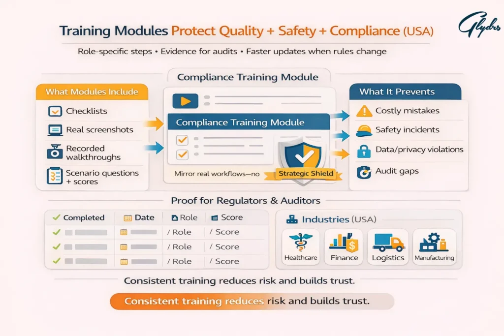 Training modules compliance infographic showing how custom modules protect quality, safety, and compliance with checklists, walkthroughs, scores, audit proof, and industry icons.