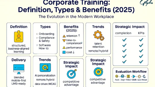 Infographic on corporate training (2025): definition, key types (onboarding, compliance, software, microlearning, scenario-based), benefits (retention↑, time-to-competence↓, cost↓), delivery (mobile-first, LMS), trends (AI, remote), KPIs and workflow.