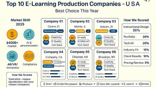 Infographic of top 10 e-learning production companies in the USA (2025), highlighting market size, AI/personalization, AR/VR, scoring criteria, and workflow.