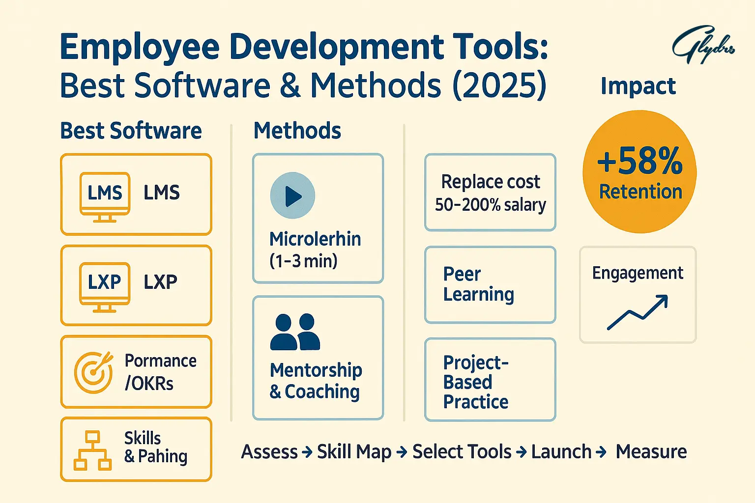 Infographic on employee development tools—best software (LMS, LXP, performance/OKRs, skills mapping) and methods (microlearning, mentorship, peer learning, project-based) with +58% retention.