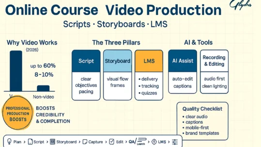 Infographic: Online Course Video Production—retention up to 60% vs 8–10% text; Three Pillars (Script, Storyboard, LMS); AI Assist, Recording & Editing, quality checklist, and Plan→Script→Storyboard→Capture→Edit→QA→LMS workflow.