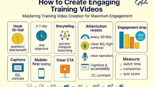 Infographic on creating an engaging training video: hook 0–15s, 3–7 min, storytelling & interactivity, attention resets, captions, mobile-first, clear CTA, and measurement.