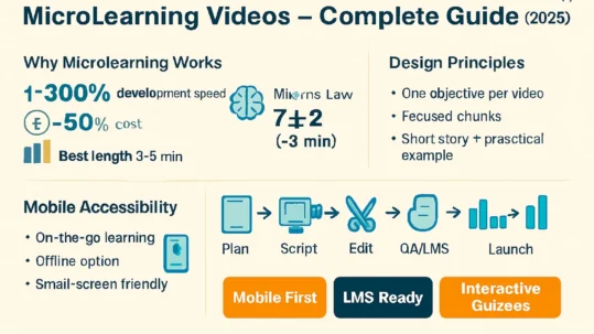 Infographic: microlearning videos guide 2025—benefits (+300% development speed, –50% cost), best length 3–5 min, design principles, mobile access, and Plan→Script→Edit→QA/LMS→Launch.