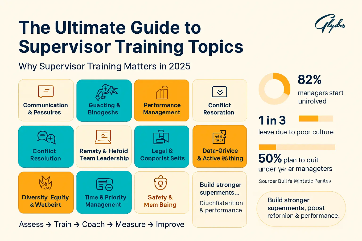 Infographic: The ultimate guide to supervisor training topics—communication, coaching, performance management, conflict resolution—plus stats (82% untrained, 1 in 3 leave, 50% plan to quit).