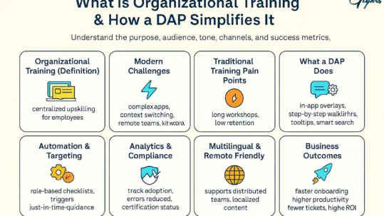 Infographic on Organizational Training and DAP simplification: definition, challenges, pain points, in-app guidance, automation, analytics, multilingual support, business outcomes.
