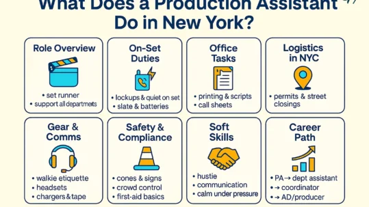 Infographic: What does a Production Assistant New York do? Role overview, on-set duties, office tasks, NYC logistics, gear & comms, safety, soft skills, and career path.