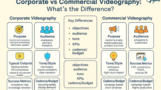 Corporate vs commercial videography infographic comparing purpose, audience, outputs, tone/style, KPIs, and budget cadence.